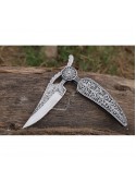 Handmade Damascus Pocket Knife With Hand engraved Handle
