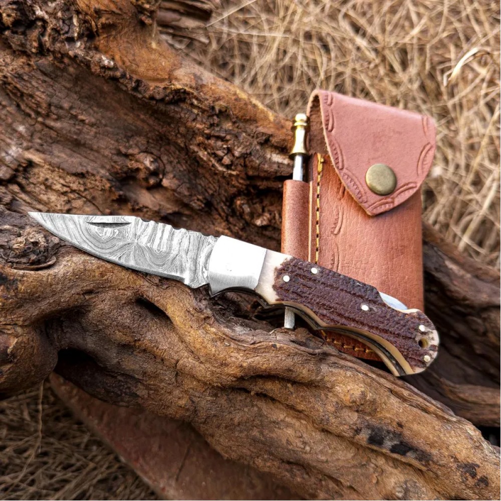 Folding Pocket Knife Stag Antler Handle Damascus Steel Blades Handmade