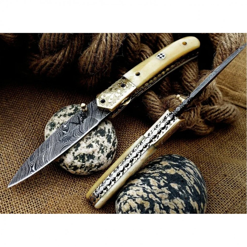 Beautiful handmade Damascus steel folding knife handle made of Camel bone (Golden engraving)
