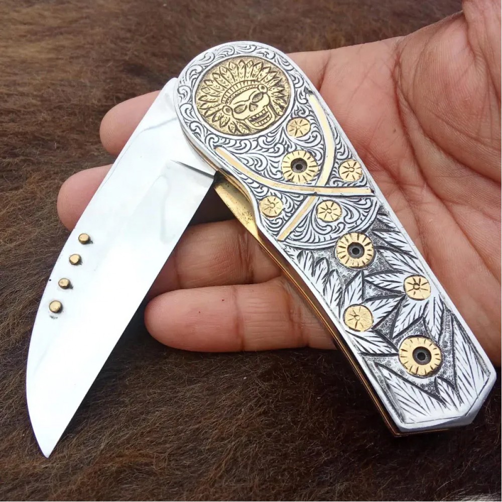 Handmade Engraved Folding Knife – D2 Steel Blade, Stainless Steel Handle