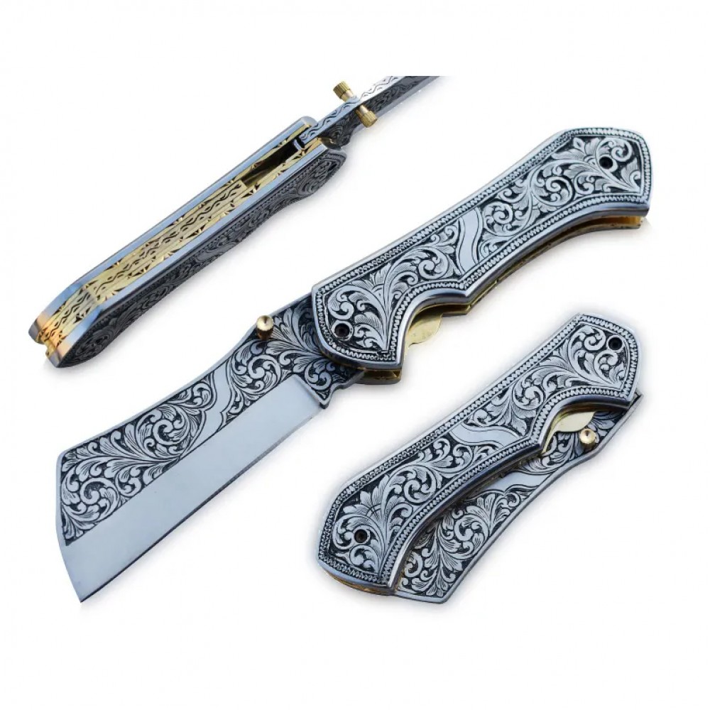 Handmade Engraved Folding Knife – D2 Steel Blade with Ornate Stainless Steel Handle