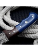 Handmade Damascus Gut Hook Knife: Blue Resin Bowie, Leather Sheath