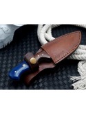 Handmade Damascus Gut Hook Knife: Blue Resin Bowie, Leather Sheath