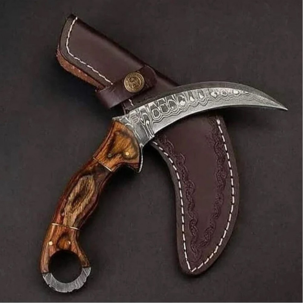 Custom Handmade Damascus Steel Karambit Hunting Knife With Leather Sheath 