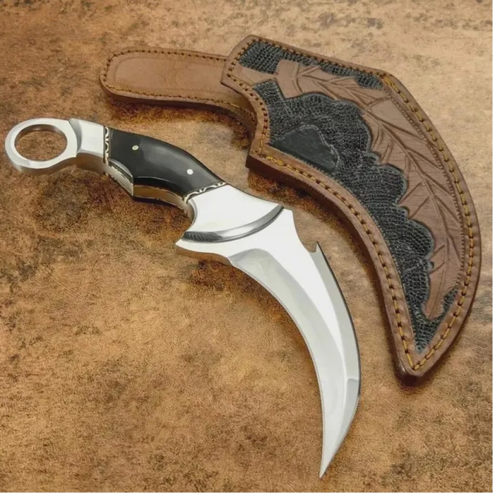 Karambit Knife – D2 Steel Blade with Steel Guard and Leather Sheath 