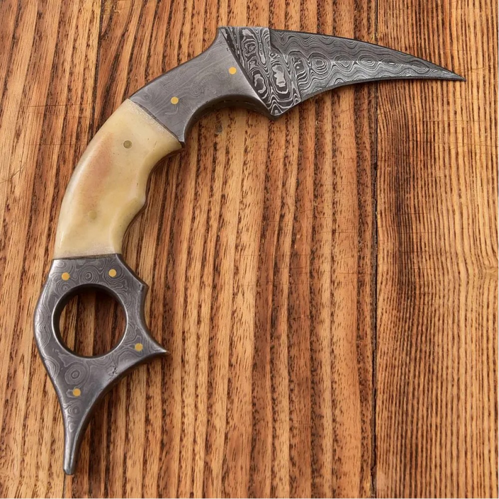 Handmade Damascus Steel Karambit with Bone Handle & Leather Cover 