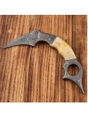 Handmade Damascus Steel Karambit with Bone Handle & Leather Cover 