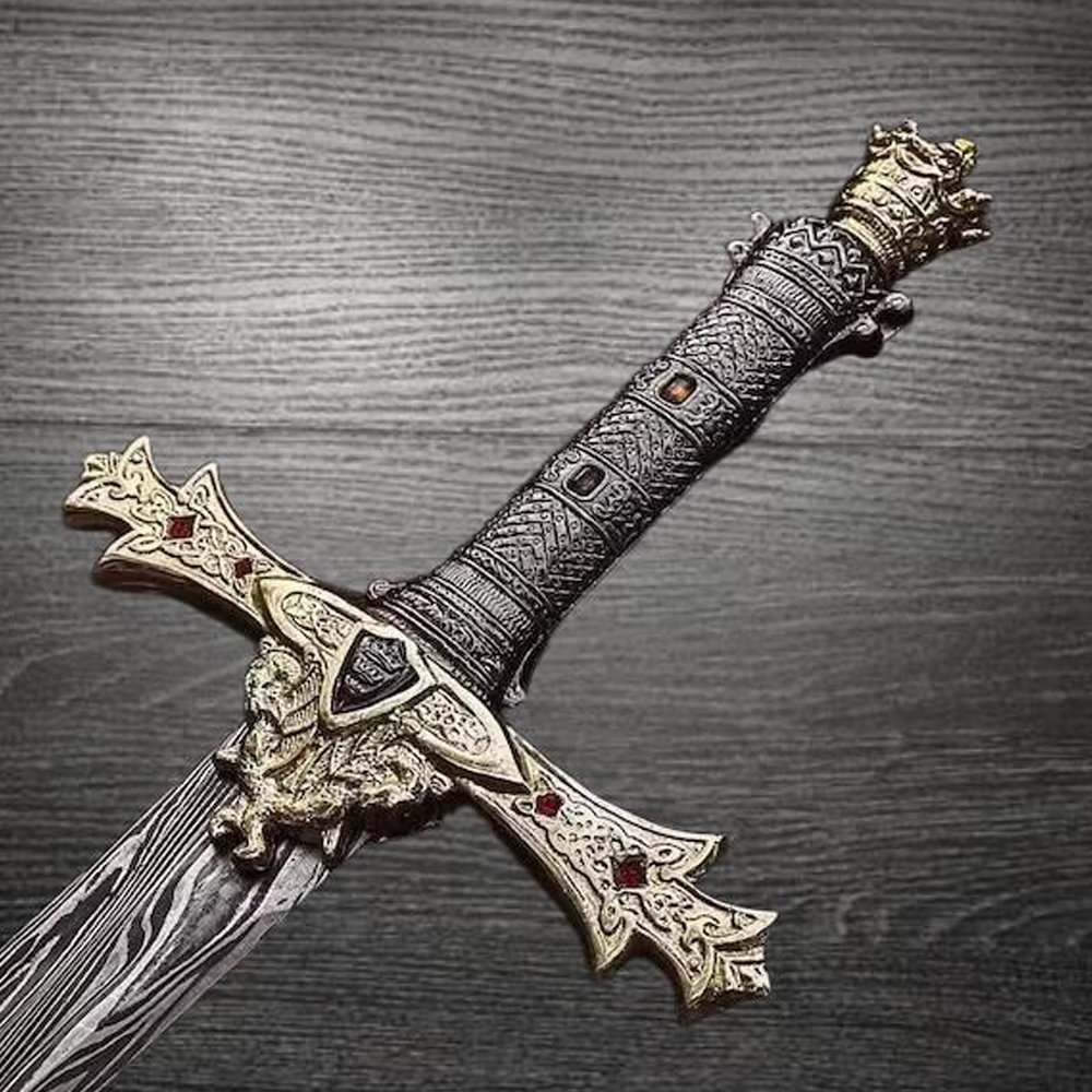 Handmade Damascus Steel Templar Sword – Hand Forged Sword with Leather Sheath